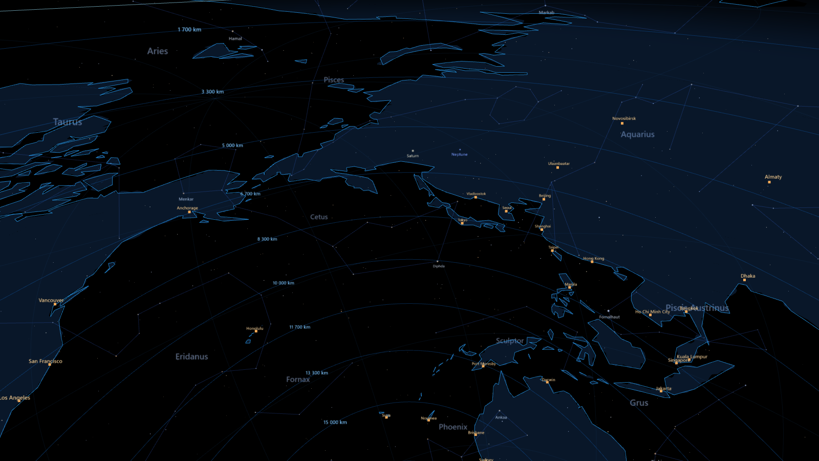 Looking down through the floor at the Earth in atlas style: flat land, graticule lines, distance rings and city names