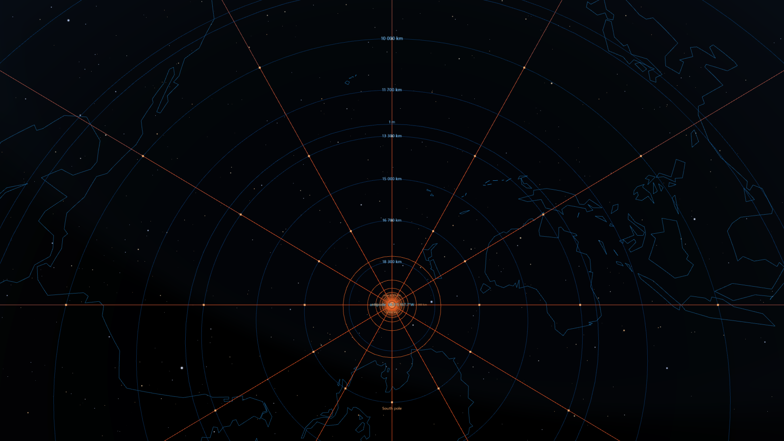 The Earth from the inside: a plumb line straight down through the core to the antipode, with rings every thousand kilometres and spokes to the surface