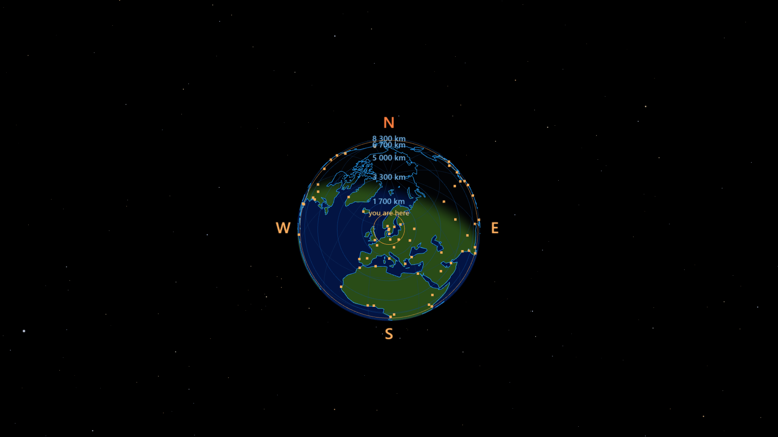 The whole Earth as a disc far below, from geostationary distance, with distance rings, city dots, compass points around it and a 'you are here' mark