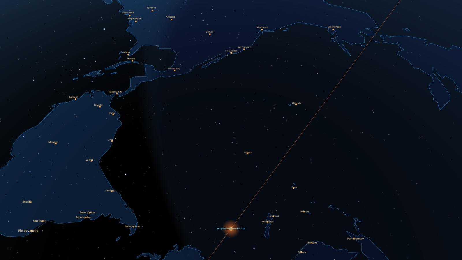 Looking down through the floor at the far side of the Earth in globe style: South America and the Pacific seen from inside, the rotation axis running through, and the antipode marked with a glow