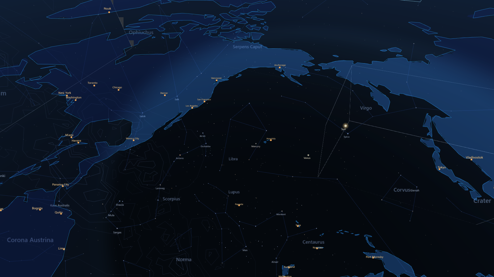 Looking down through the floor at a translucent Earth: coastlines and city lights of North America on the day-night line, with stars and constellation figures showing through the planet