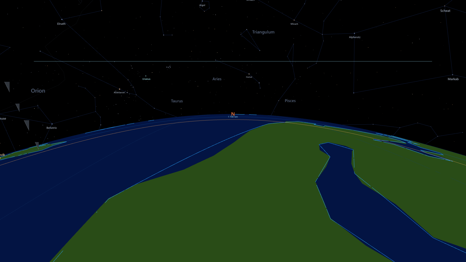 The curve of the Earth seen from 400 kilometres up, the horizon ring dropped to the limb, the sky above