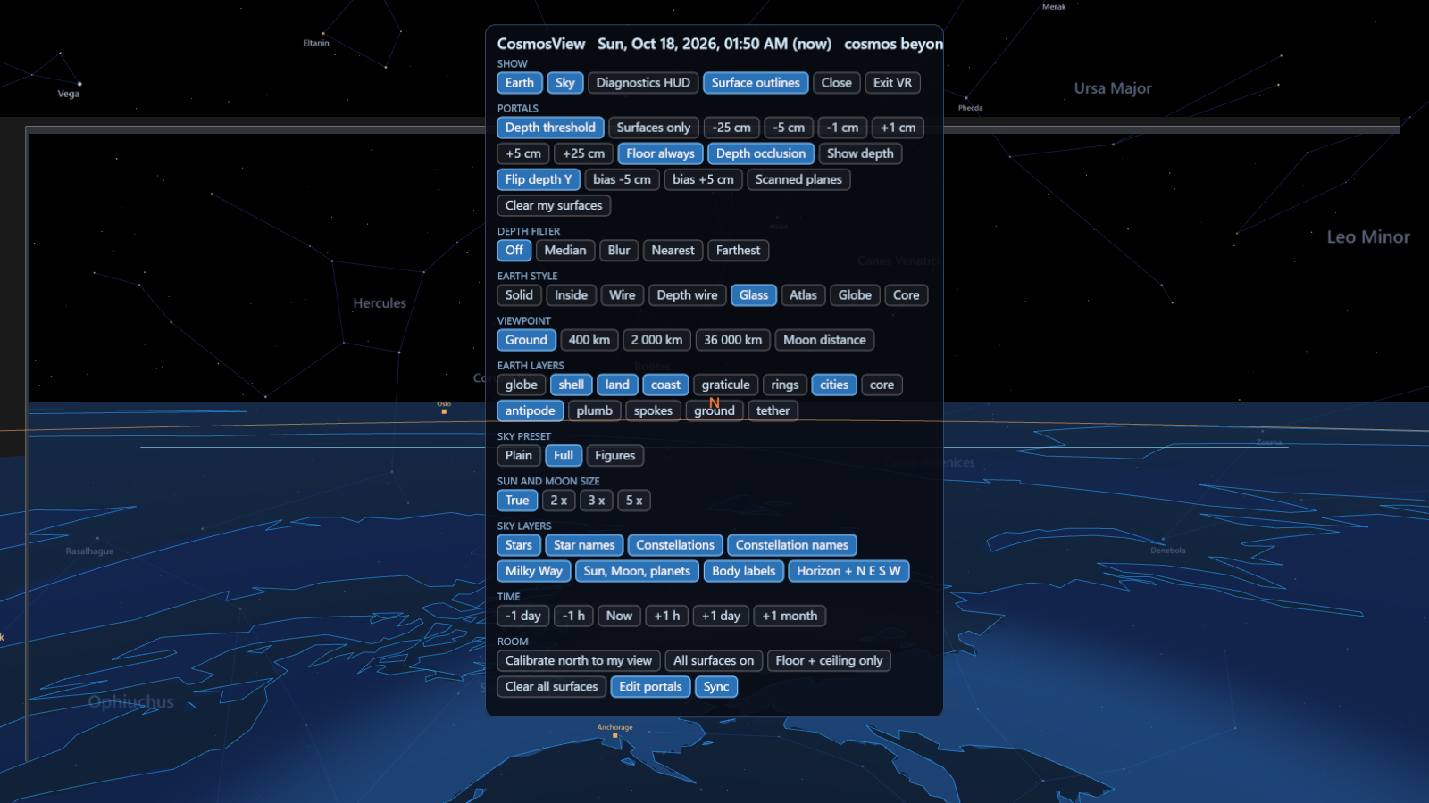 The in-headset control panel floating in front of the viewer: Earth and sky switches, Earth styles and layers, sky presets, time steps, viewpoint, room and portal settings