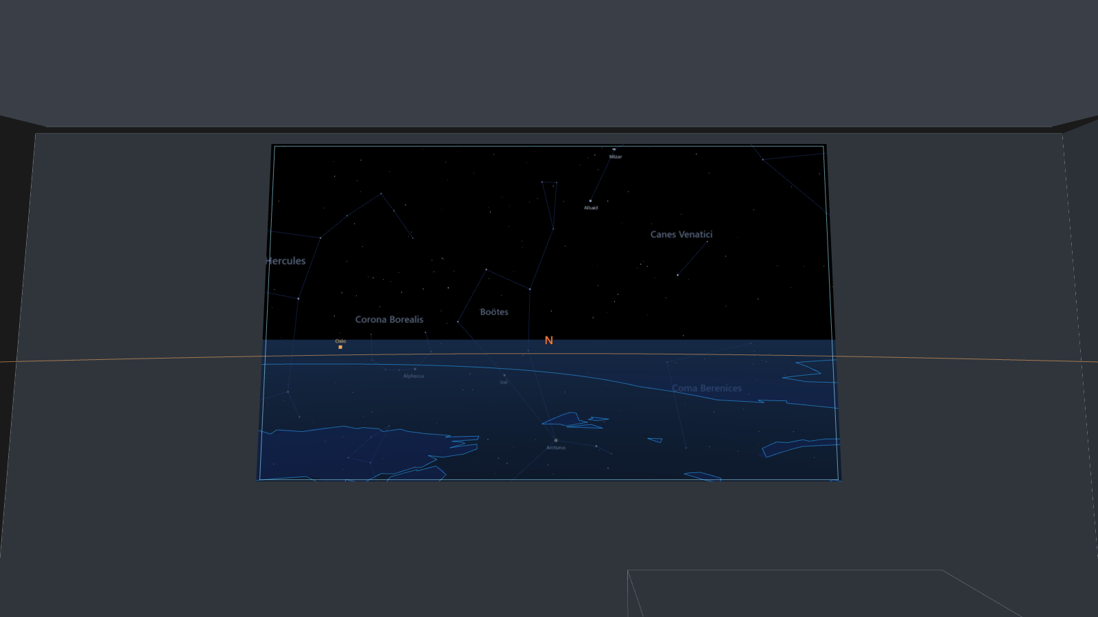 A grey room with one wall panel opened onto the sky: the horizon ring with north marked, stars above it and the translucent Earth below