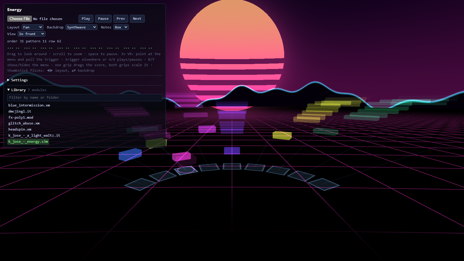 The desktop player with its control panel: transport, layout, backdrop and note choices, and the demo library