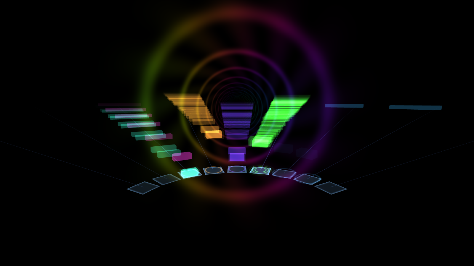 The score of a song as glowing lanes fanning out in front of the listener, notes approaching a row of pads, inside a ringed tunnel