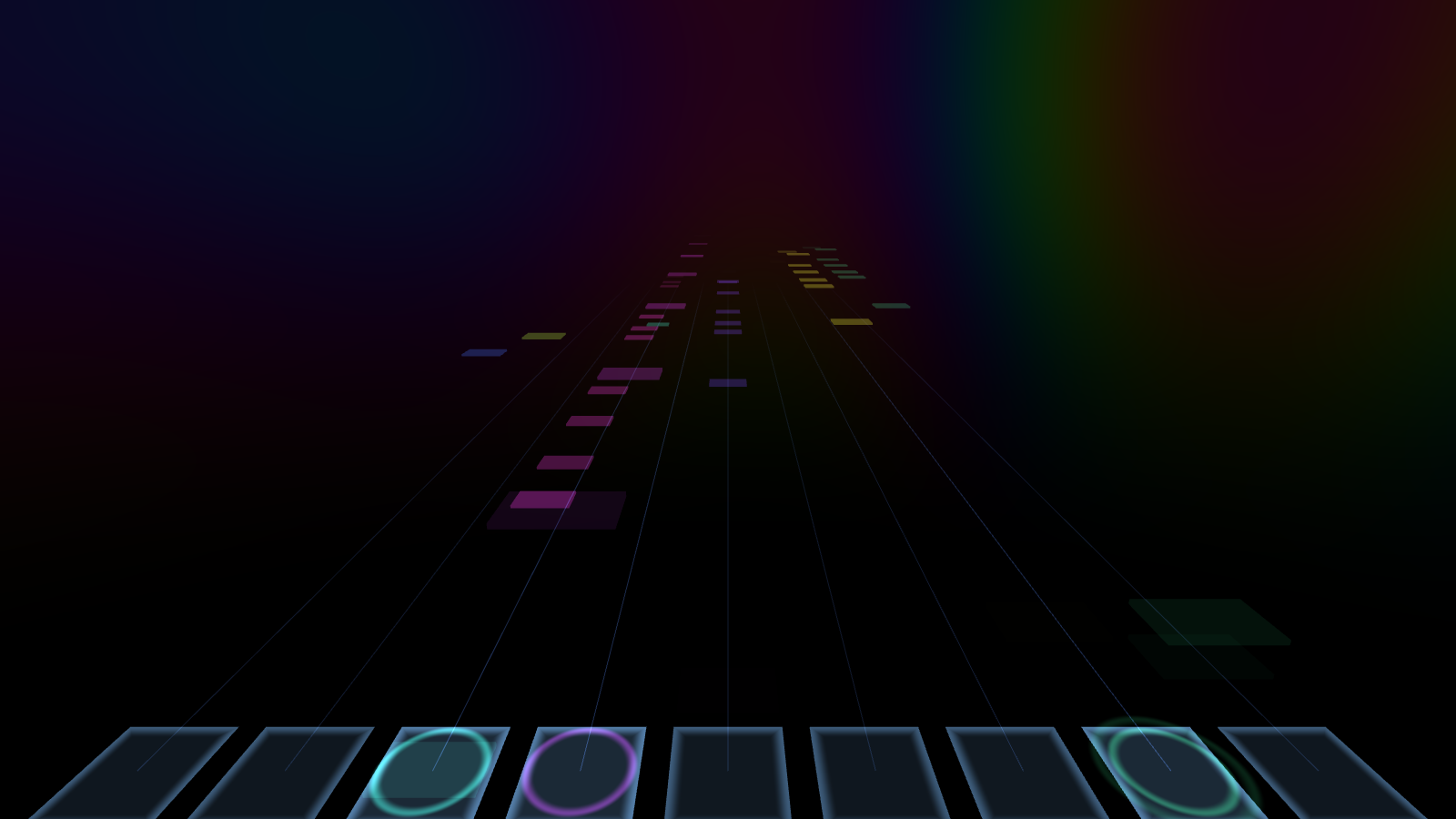 Flat tile notes on parallel lanes running away from the viewer, with a dim plasma sky
