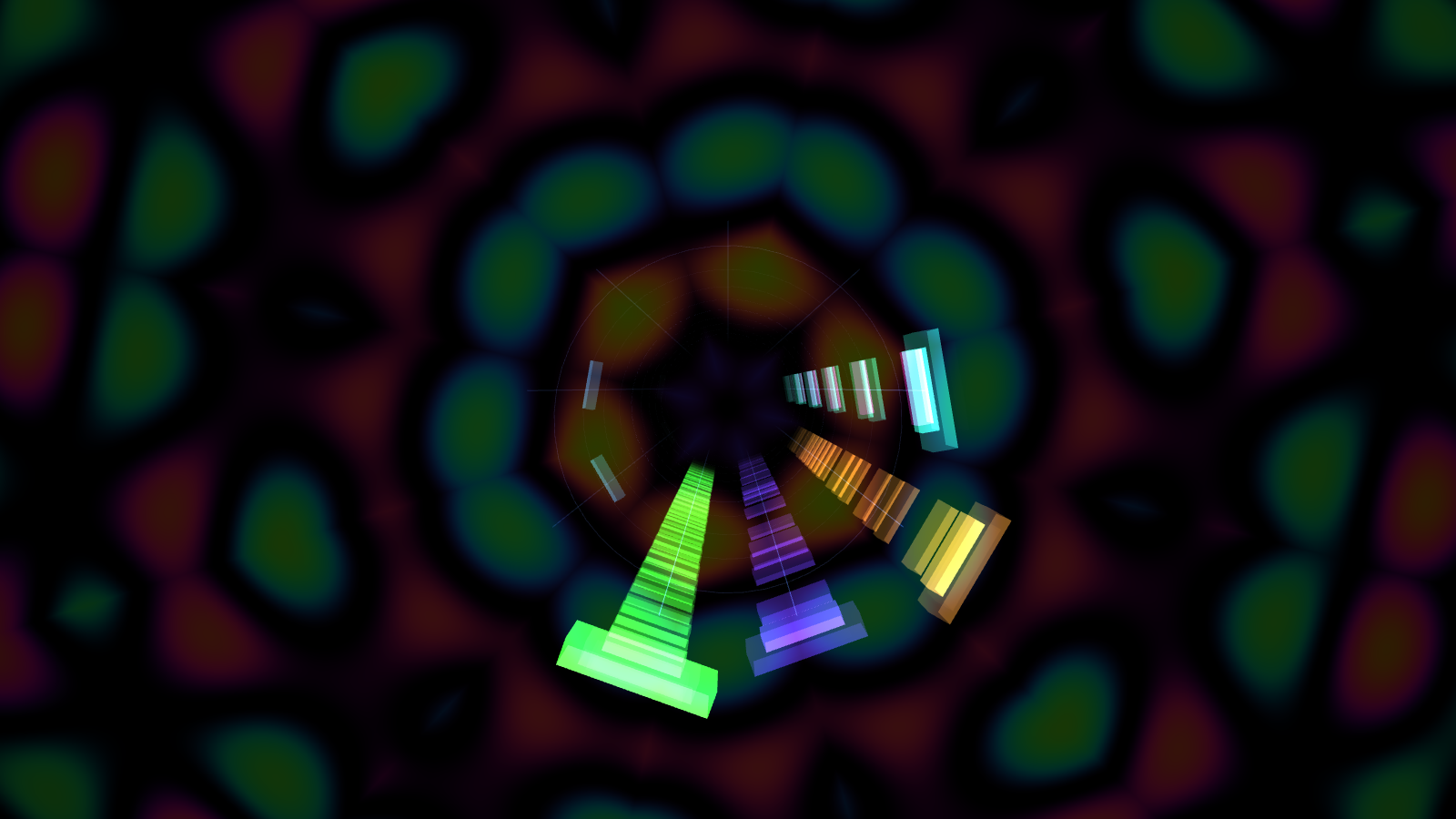 Notes arranged around a tube coming toward the viewer, in front of a dim mirrored kaleidoscope pattern