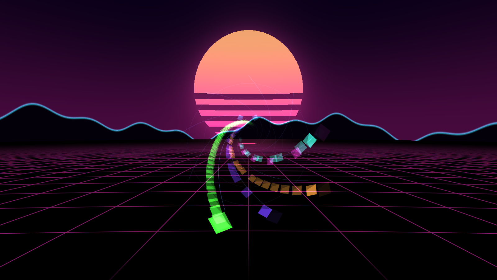 Gem-shaped notes spiralling down a twisting vortex, in front of a striped synthwave sun, neon mountains and a grid floor