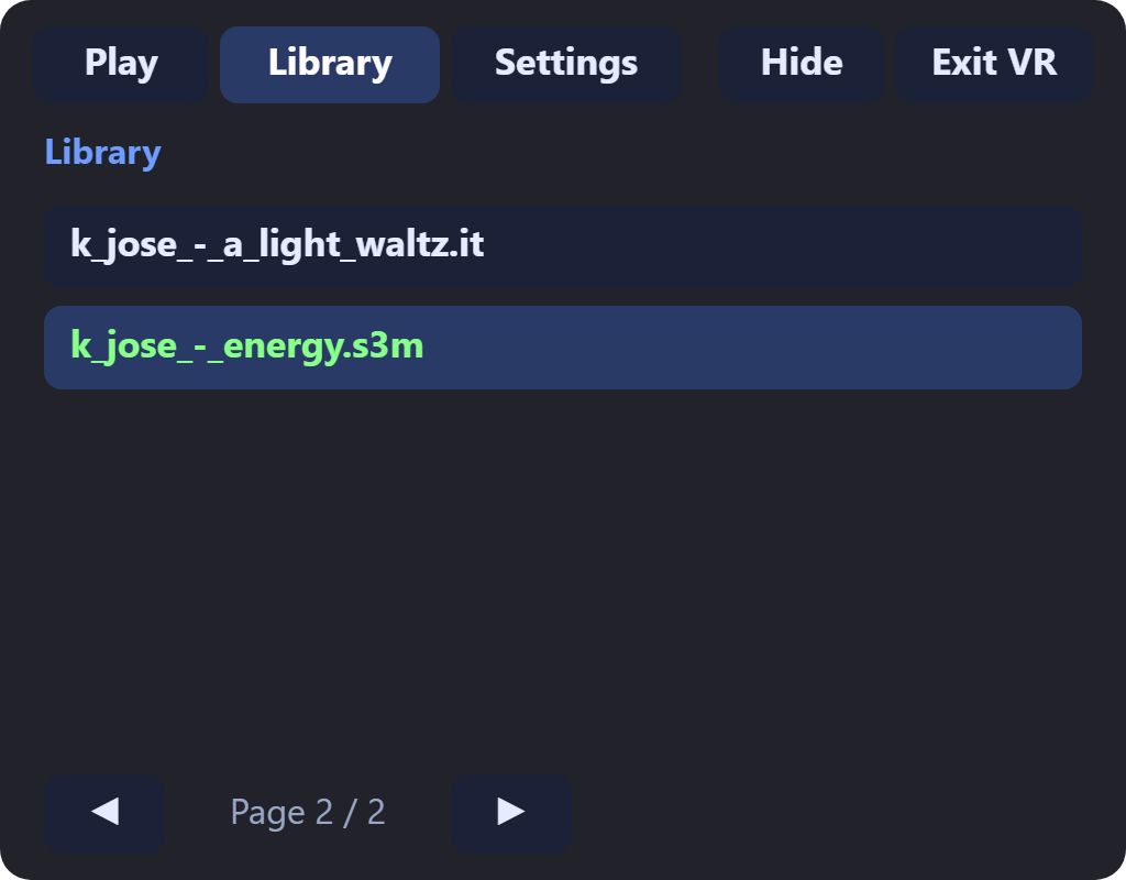 The VR menu's Library tab listing the demo tracks, the playing one highlighted