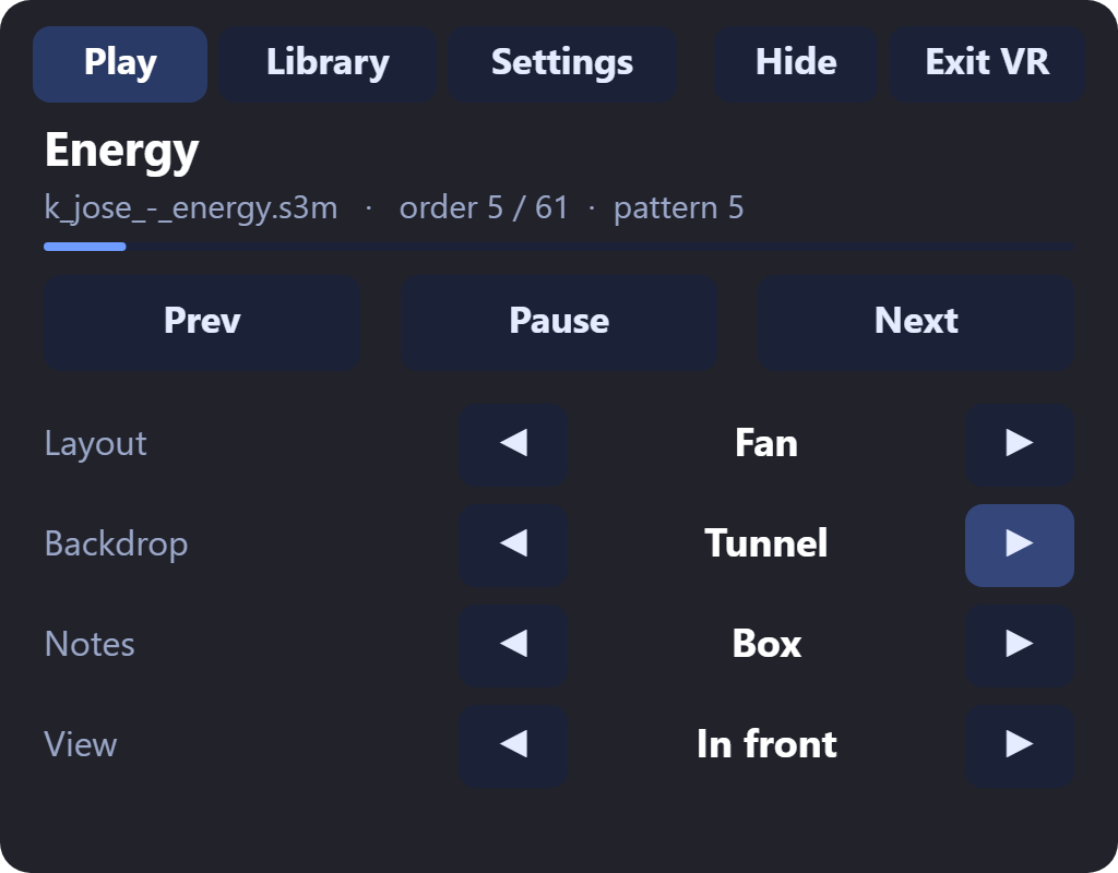 The VR menu's Play tab: song title and position, Prev, Pause and Next, and steppers for layout, backdrop, notes and view